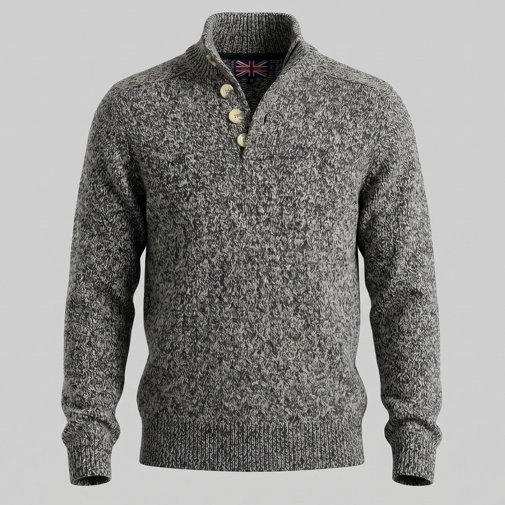 Soul of London Mens M‎ Black White Sweater Henley Mock Neck Marled Knit